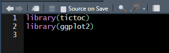 An image of a simple R script that calls two packages via the library() function