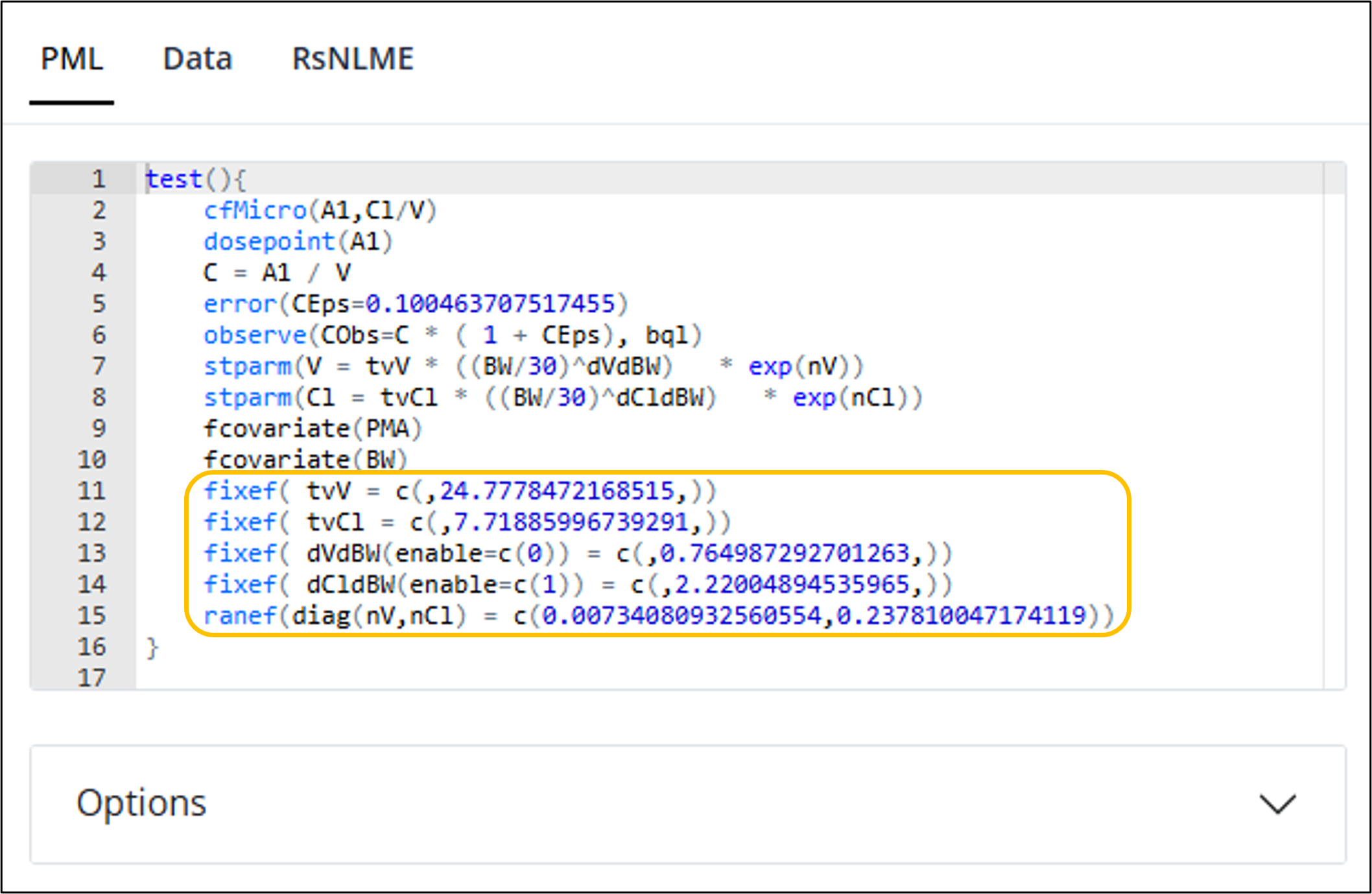 An image of the PML code with all the model details to date.